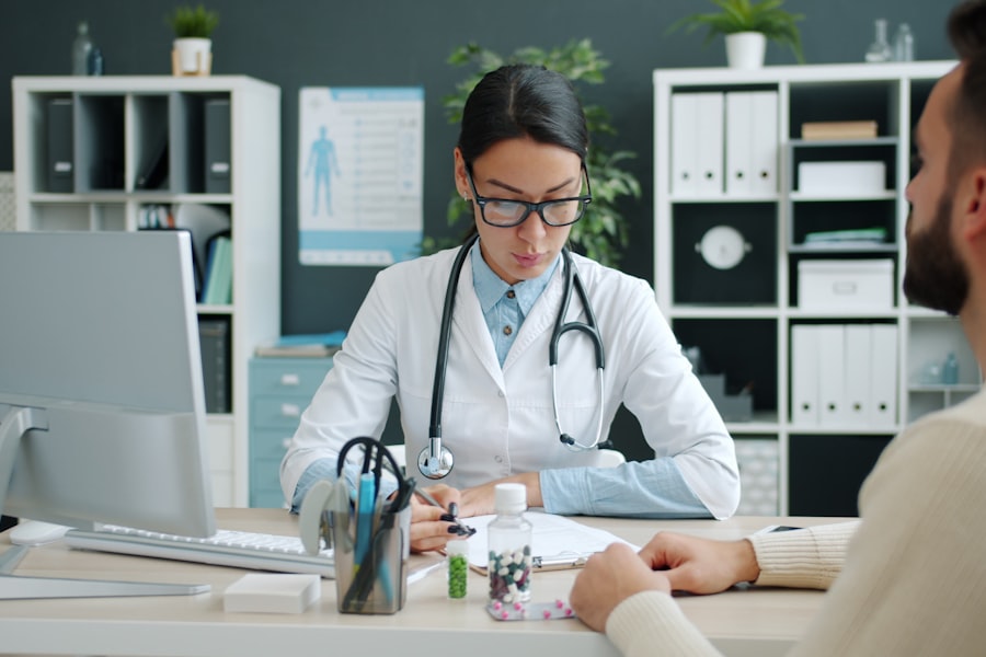 Healthcare professional consulting with a patient at a clinic